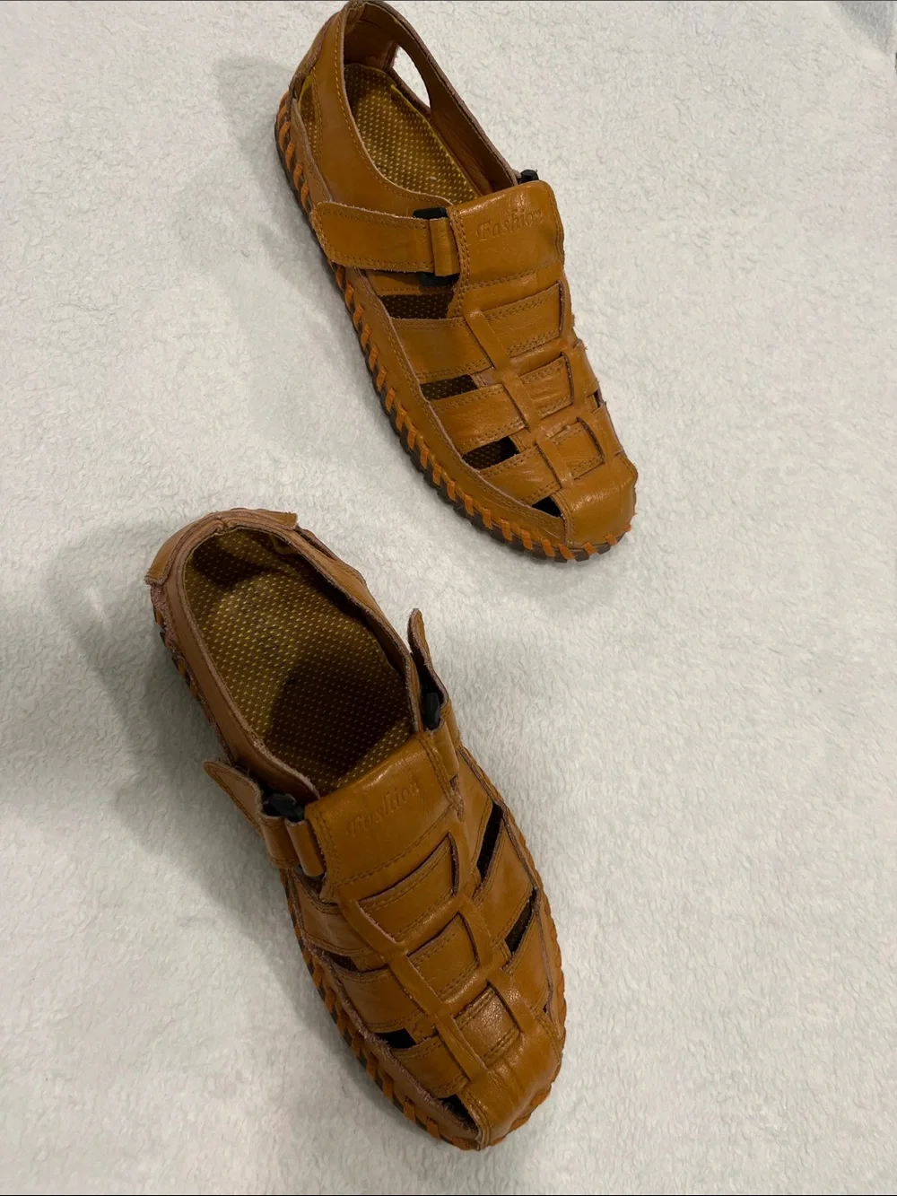 Men’s Tan Faux Leather-Like Woven Fisherman Sandals with Hook-and-Loop Strap